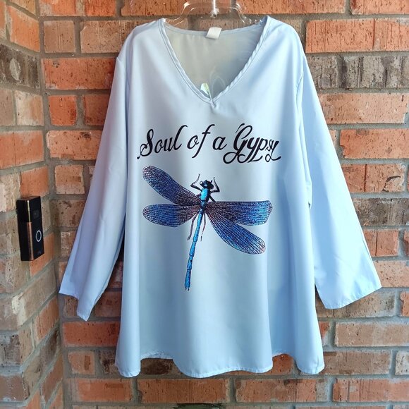 J. C Fashion Womens Top Blouse Long Sleeves Blue Dragonfly Print Size 2XL - Picture 2 of 9